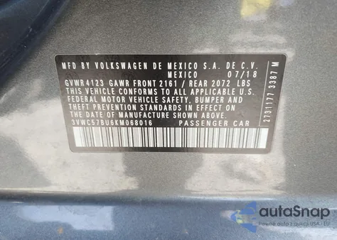 2019 Volkswagen Jetta 1.4T R-Line/1.4T S/1.4T Se from USA, damaged, VIN 3VWC57BU6KM068016